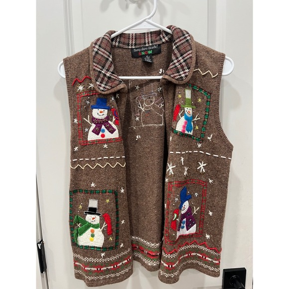 Hampshire Studio Boo! Jackets & Blazers - Hampshire Studio SNOW Women's Brown Snowman Ugly Christmas Sweater Vest Size M
